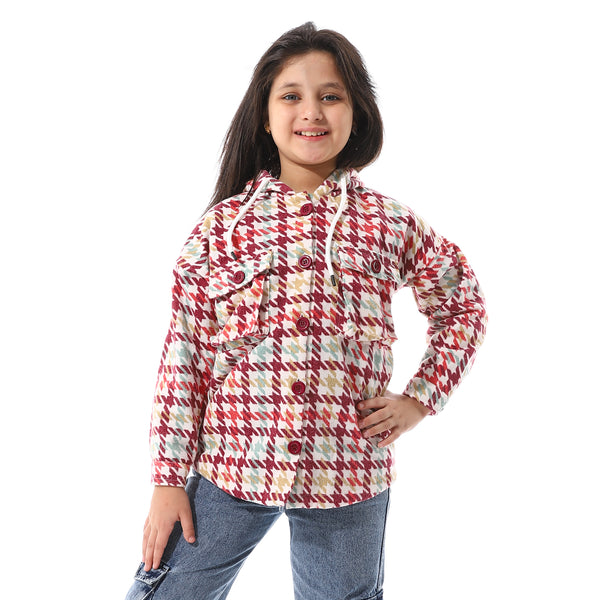 Houndstooth_Pattern_Hooded_Girls_Jacket_-_White,_Burgundy_&_Green