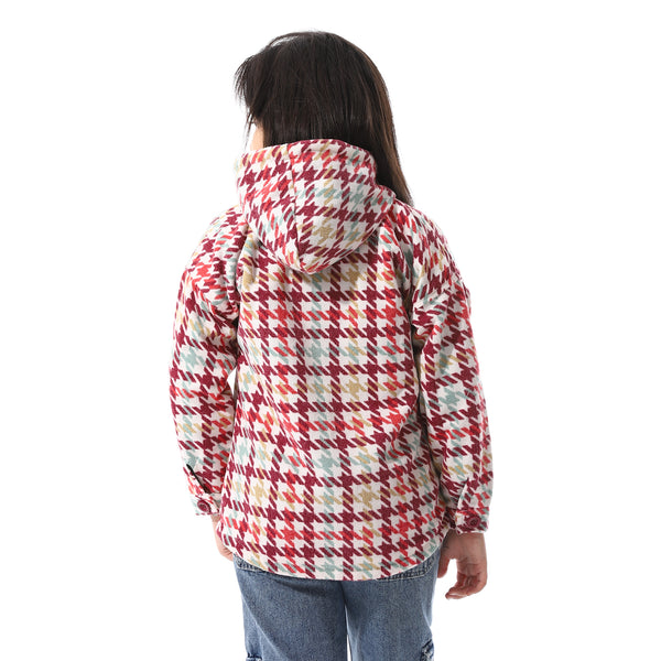 Houndstooth_Pattern_Hooded_Girls_Jacket_-_White,_Burgundy_&_Green