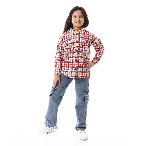 Houndstooth_Pattern_Hooded_Girls_Jacket_-_White,_Burgundy_&_Green