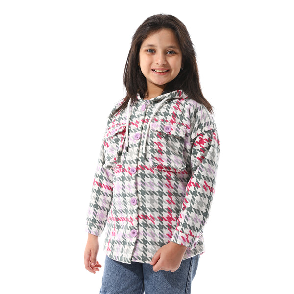 Houndstooth_Pattern_Hooded_Girls_Jacket_-_White,_Purple_&_Green