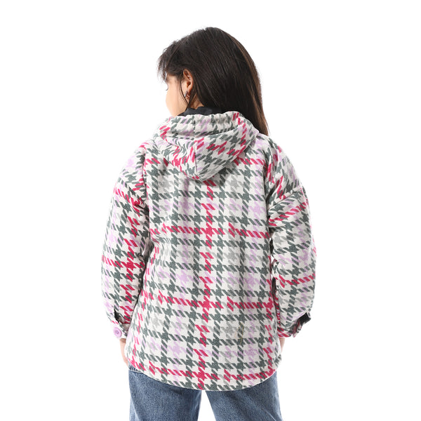 Houndstooth_Pattern_Hooded_Girls_Jacket_-_White,_Purple_&_Green