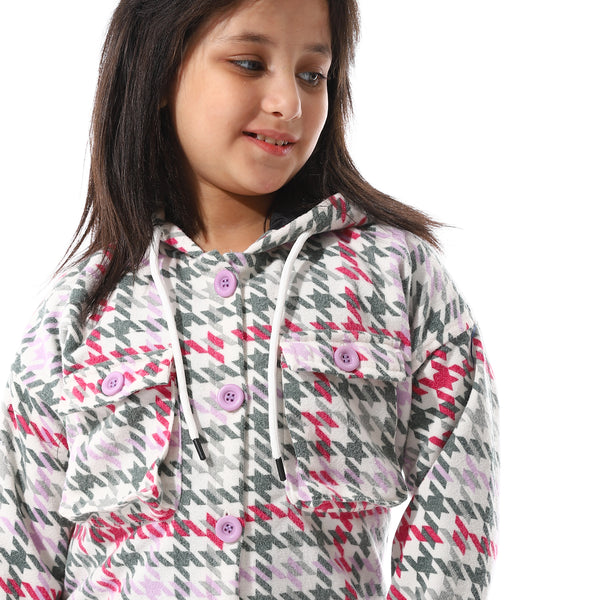Houndstooth_Pattern_Hooded_Girls_Jacket_-_White,_Purple_&_Green
