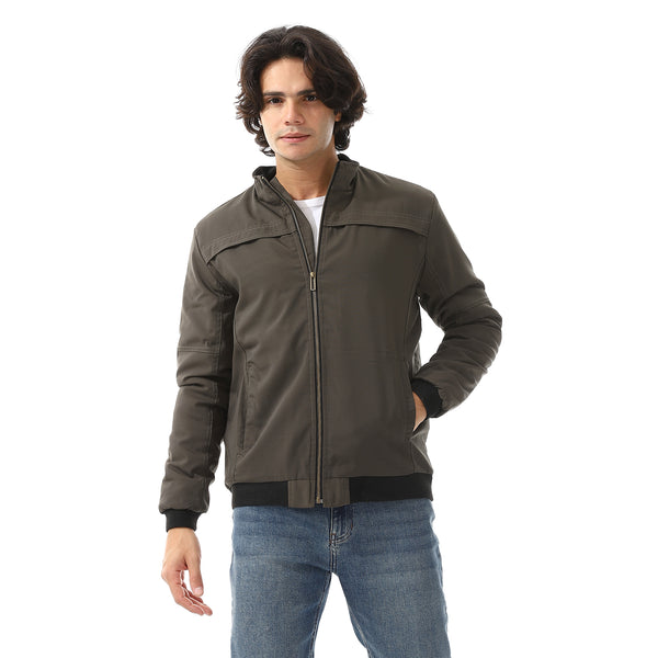 Padded Gabardine Zipper Jacket - Olive