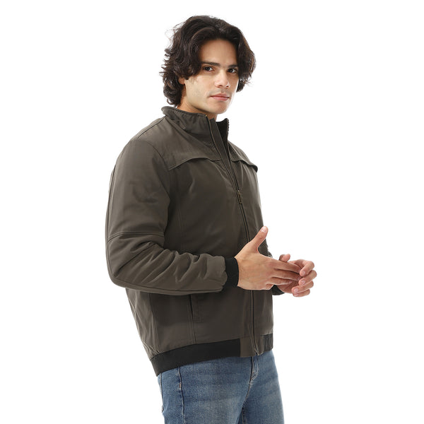 Padded Gabardine Zipper Jacket - Olive