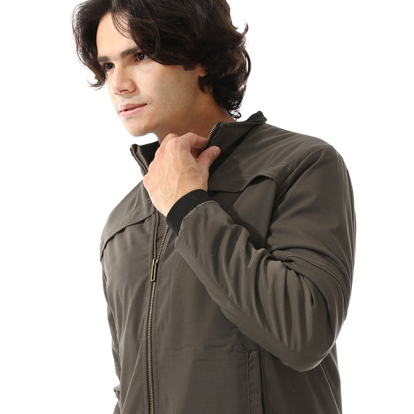 Padded Gabardine Zipper Jacket - Olive