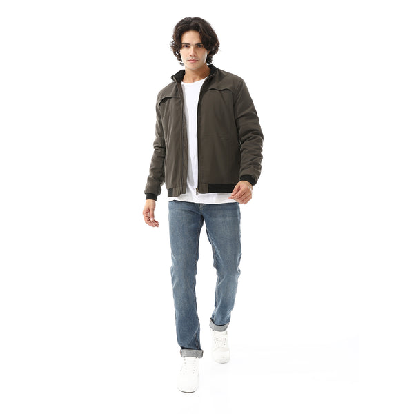 Padded Gabardine Zipper Jacket - Olive
