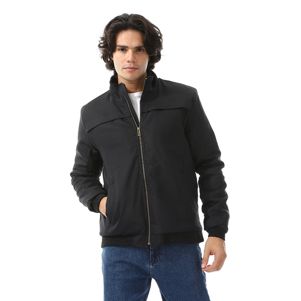 Padded Gabardine Zipper Jacket - Black