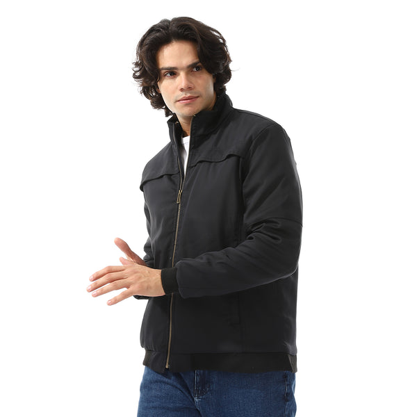 Padded Gabardine Zipper Jacket - Black