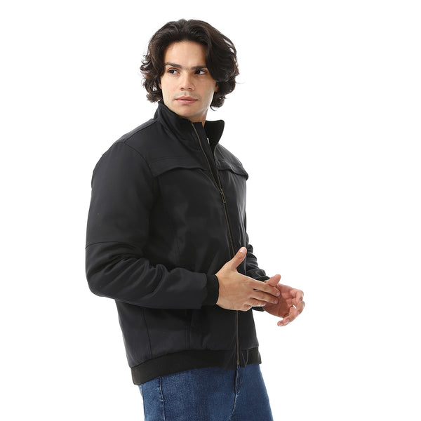 Padded Gabardine Zipper Jacket - Black