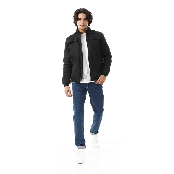 Padded Gabardine Zipper Jacket - Black