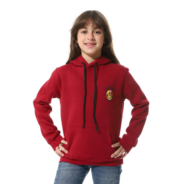 Dark Red Back Printed Fleeced Girls Hoodie