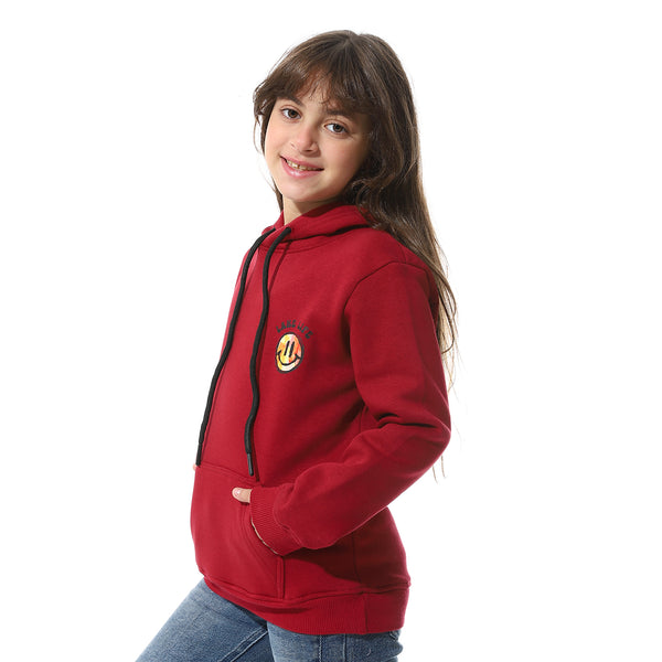 Dark Red Back Printed Fleeced Girls Hoodie