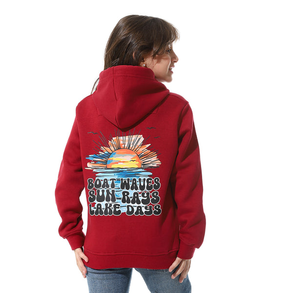 Dark Red Back Printed Fleeced Girls Hoodie
