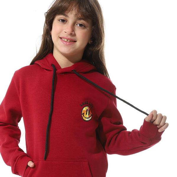 Dark Red Back Printed Fleeced Girls Hoodie