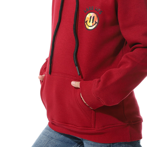Dark Red Back Printed Fleeced Girls Hoodie