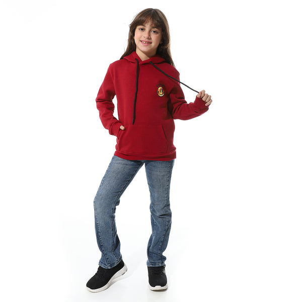 Dark Red Back Printed Fleeced Girls Hoodie