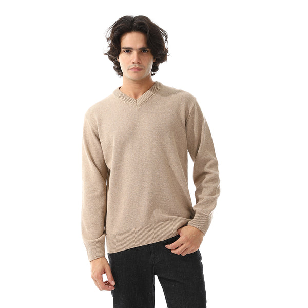 V-Neck Long Sleeves Regular Pullover - Beige