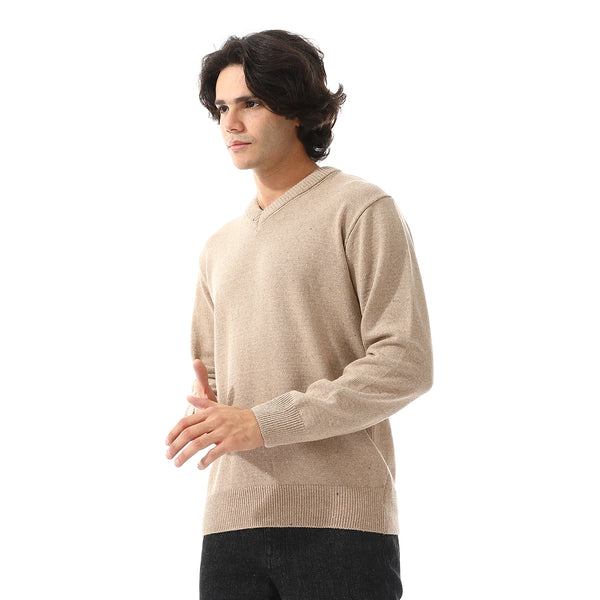 V-Neck Long Sleeves Regular Pullover - Beige