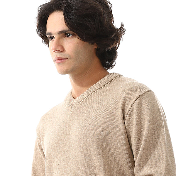 V-Neck Long Sleeves Regular Pullover - Beige