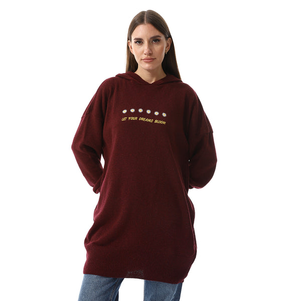 Embroidered Long Sleeves Hooded Sweater - Burgundy