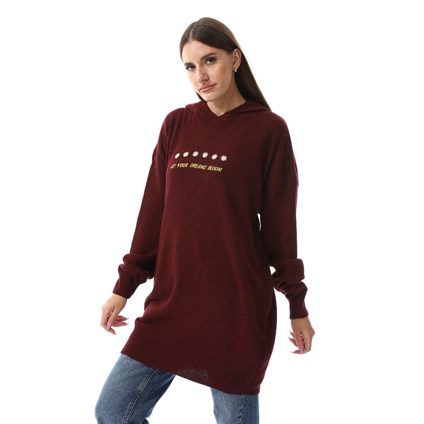 Embroidered Long Sleeves Hooded Sweater - Burgundy