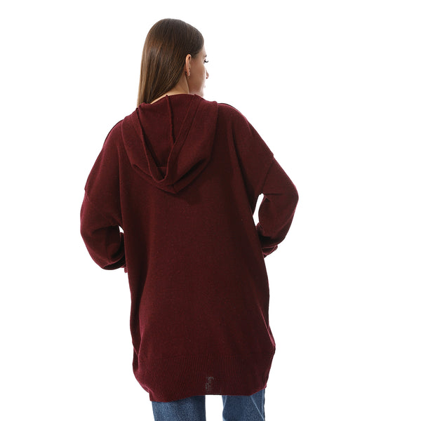 Embroidered Long Sleeves Hooded Sweater - Burgundy