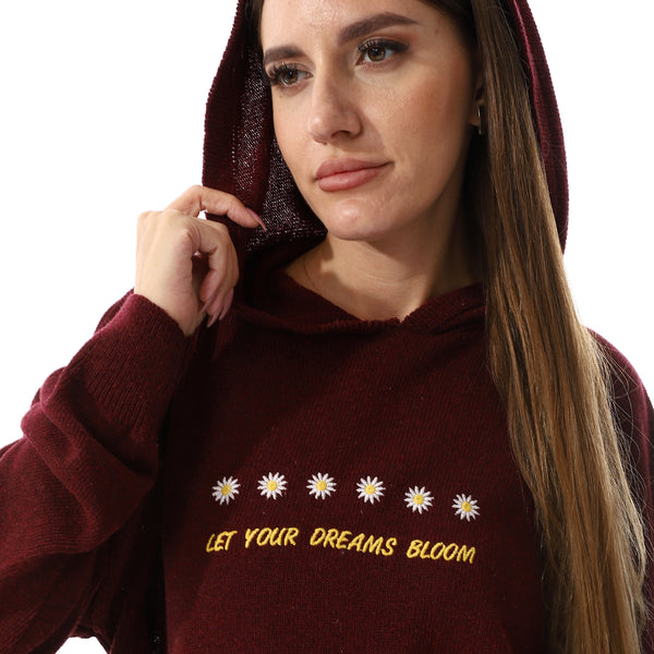 Embroidered Long Sleeves Hooded Sweater - Burgundy