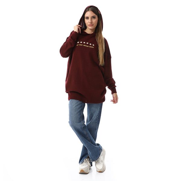 Embroidered Long Sleeves Hooded Sweater - Burgundy