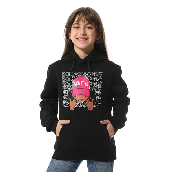 Black Printed Fleeced Girls Hoodie