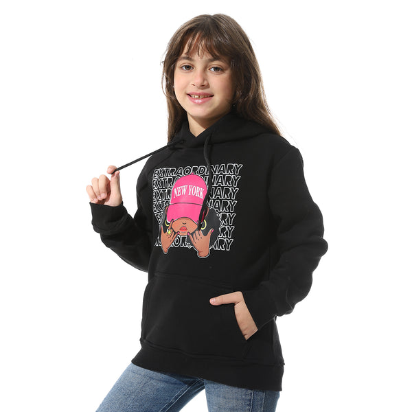 Black Printed Fleeced Girls Hoodie