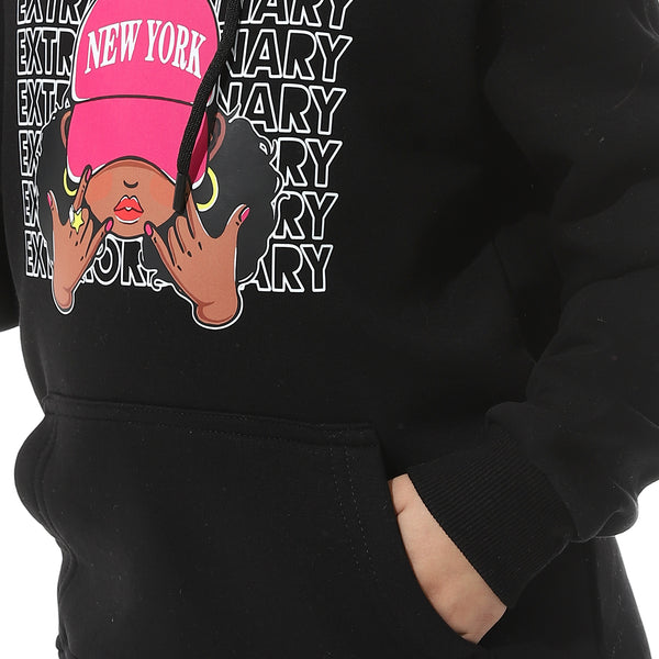 Black Printed Fleeced Girls Hoodie