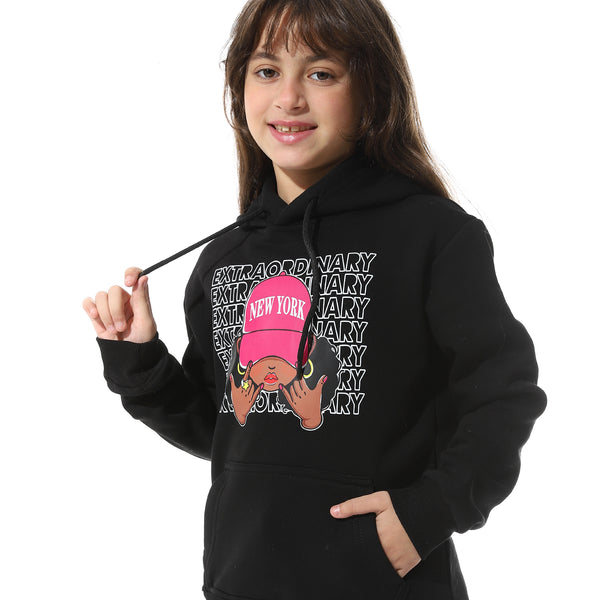 Black Printed Fleeced Girls Hoodie