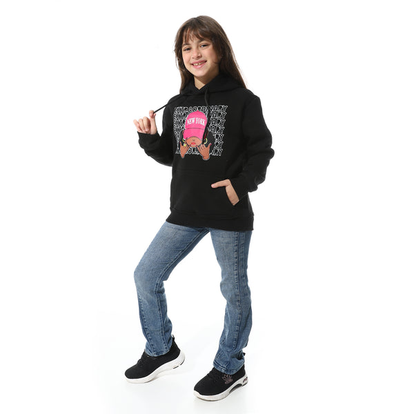 Black Printed Fleeced Girls Hoodie