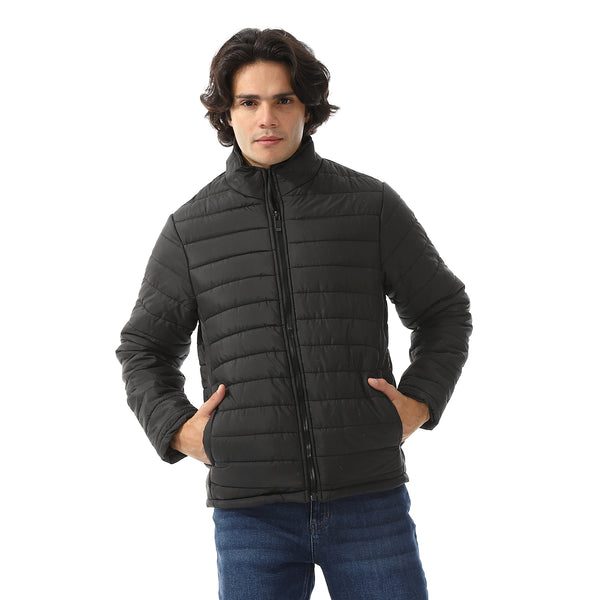 Quilted Polyester Zipper Bomber Jacket - Black