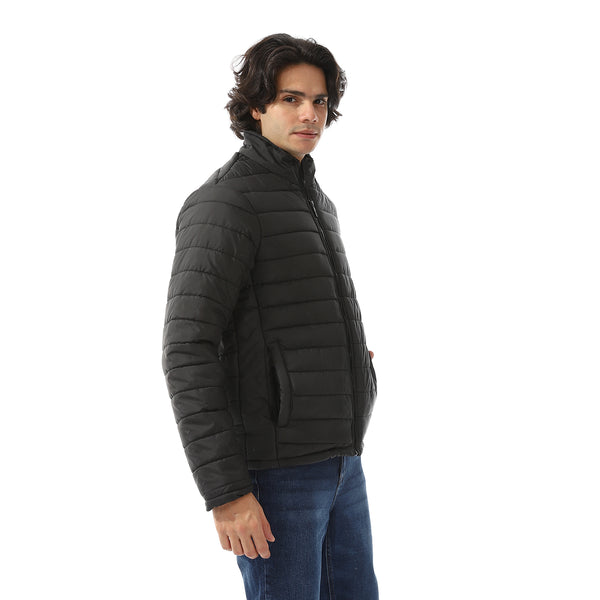 Quilted Polyester Zipper Bomber Jacket - Black