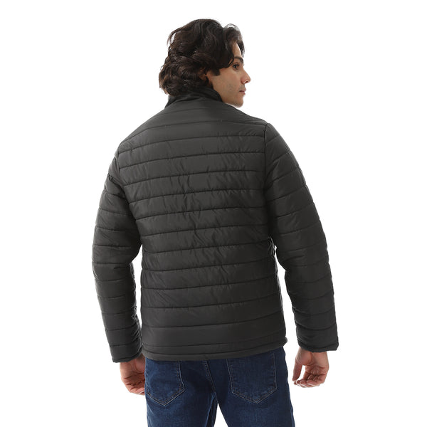 Quilted Polyester Zipper Bomber Jacket - Black