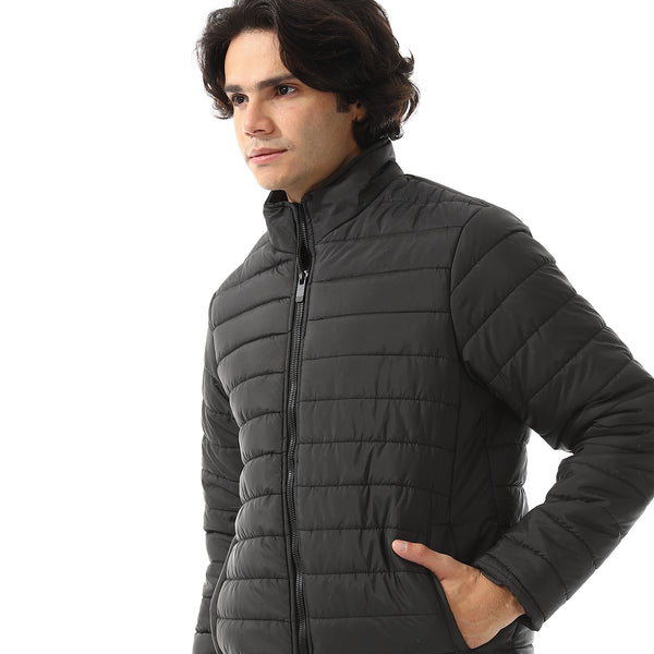 Quilted Polyester Zipper Bomber Jacket - Black