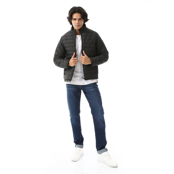 Quilted Polyester Zipper Bomber Jacket - Black