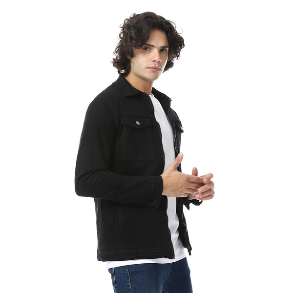 Black Turn Down Collar Padded Gabardine Jacket