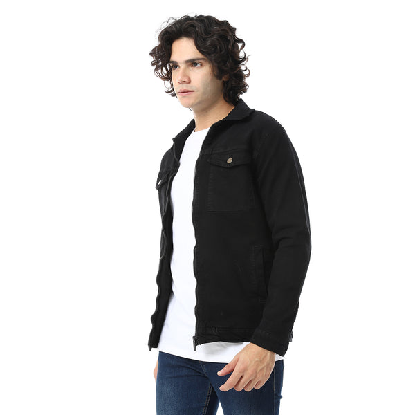 Black Turn Down Collar Padded Gabardine Jacket