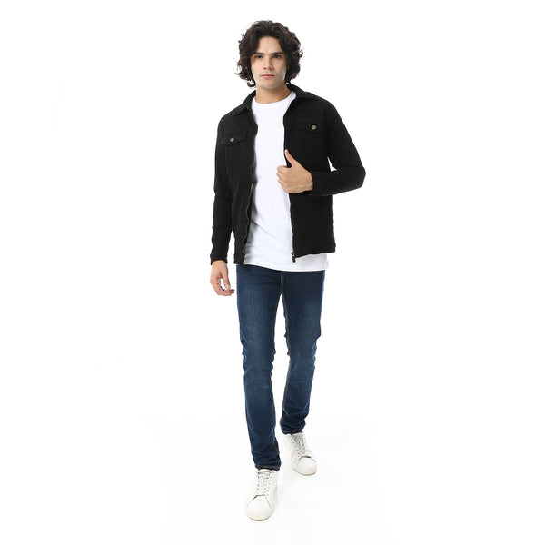 Black Turn Down Collar Padded Gabardine Jacket