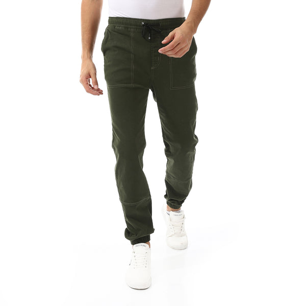 Stitched Elastic Waist Casual Pants - Olive