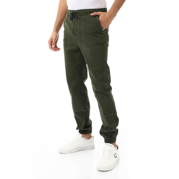 Stitched Elastic Waist Casual Pants - Olive