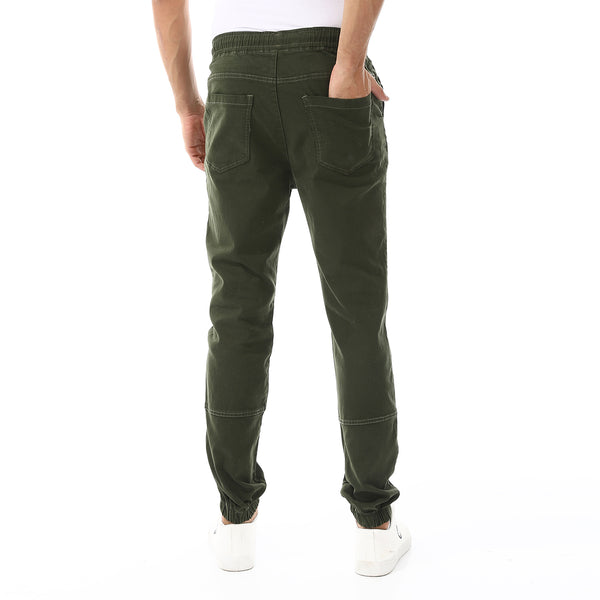 Stitched Elastic Waist Casual Pants - Olive