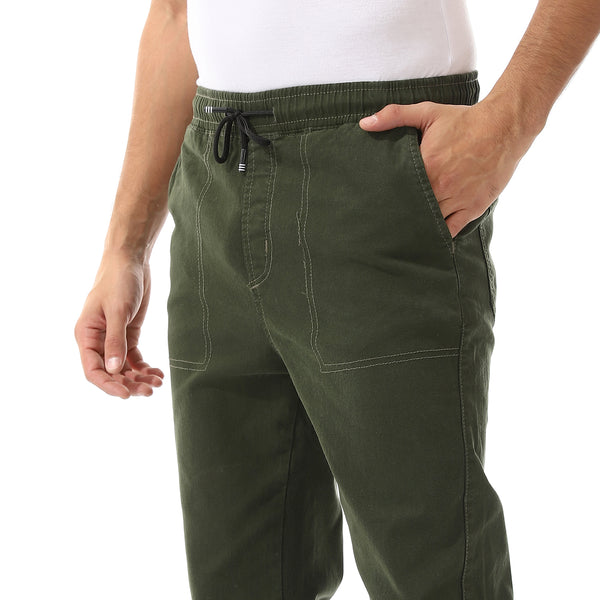 Stitched Elastic Waist Casual Pants - Olive