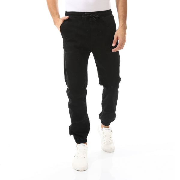 Stitched Elastic Waist Casual Pants - Black
