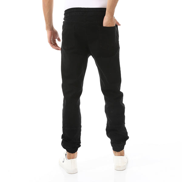 Stitched Elastic Waist Casual Pants - Black