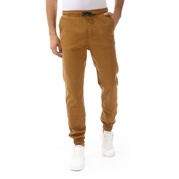 Stitched Elastic Waist Casual Pants - Camel