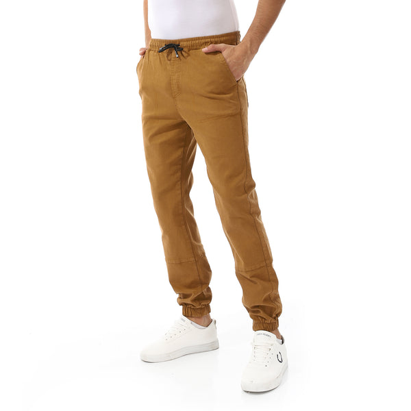 Stitched Elastic Waist Casual Pants - Camel