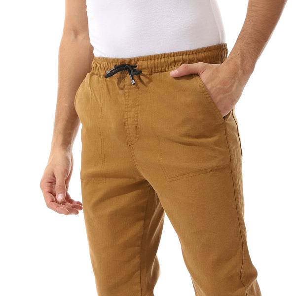 Stitched Elastic Waist Casual Pants - Camel